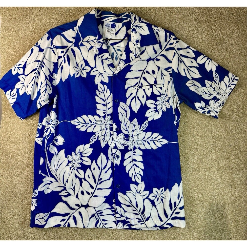 Vintage Hilo Hattie 100% Cotton Large Made in Hawaii USA Blue Floral Mens Shirt